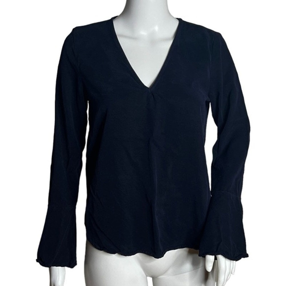 Maven West Shirt Womens XS Dark Navy Blue Blouse Ruffle Neutral Minimalist